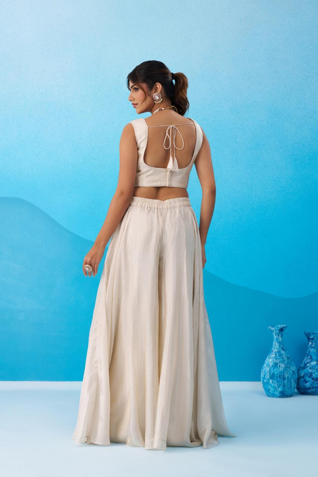 Cream Viscose Crop Top Palazzo Set with Pink Cape, Beads Embroidery Festive Co-Ord