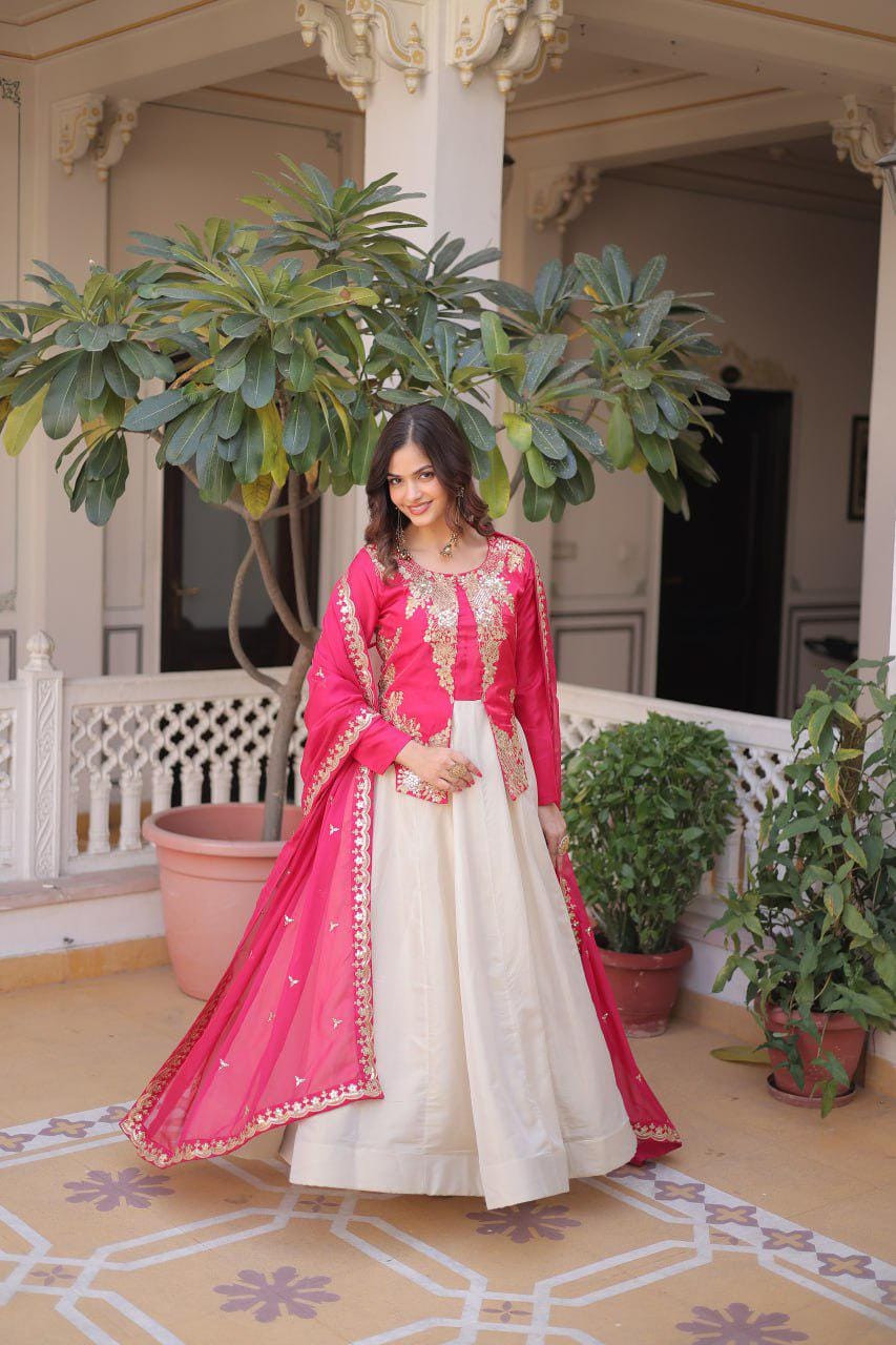 Glass Roman Anarkali Gown Set, Sequins Embroidery, Tabby Silk Dupatta, Festive Wear
