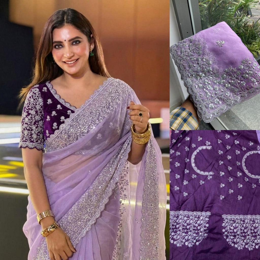 Soft Organza Embroidered Saree | Cutwork Border, Mono Banglory Silk Blouse, Festive Wear