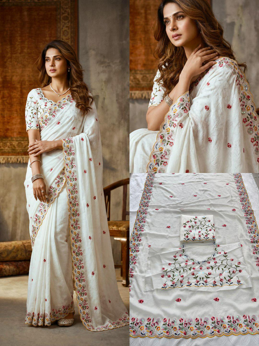 Crush Silk Embroidered Saree with Cutwork Border | Festive Wedding Wear, Mono Banglory Silk Blouse