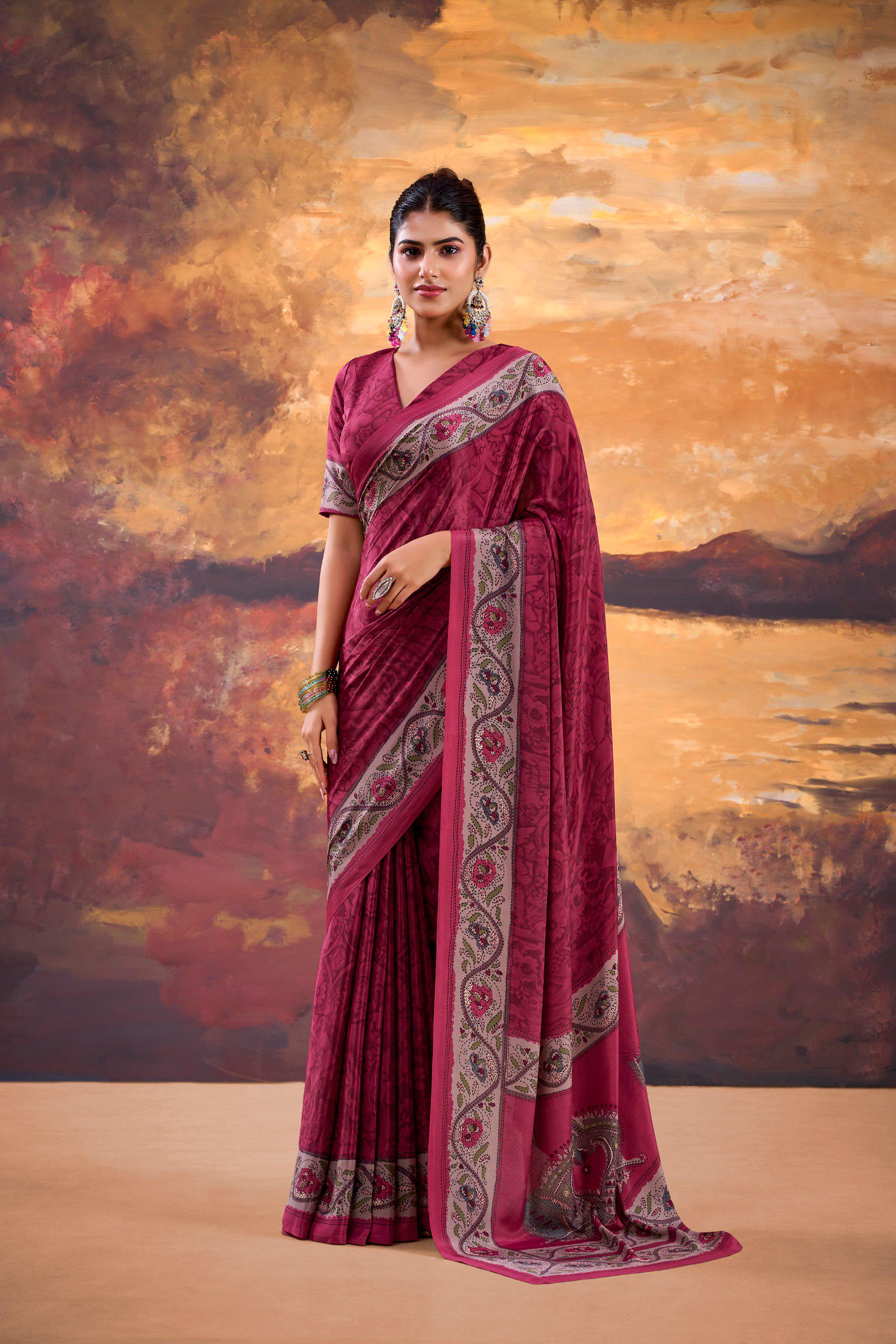Crepe Printed Saree with Unstitched Blouse, Lightweight Festive Party Wear