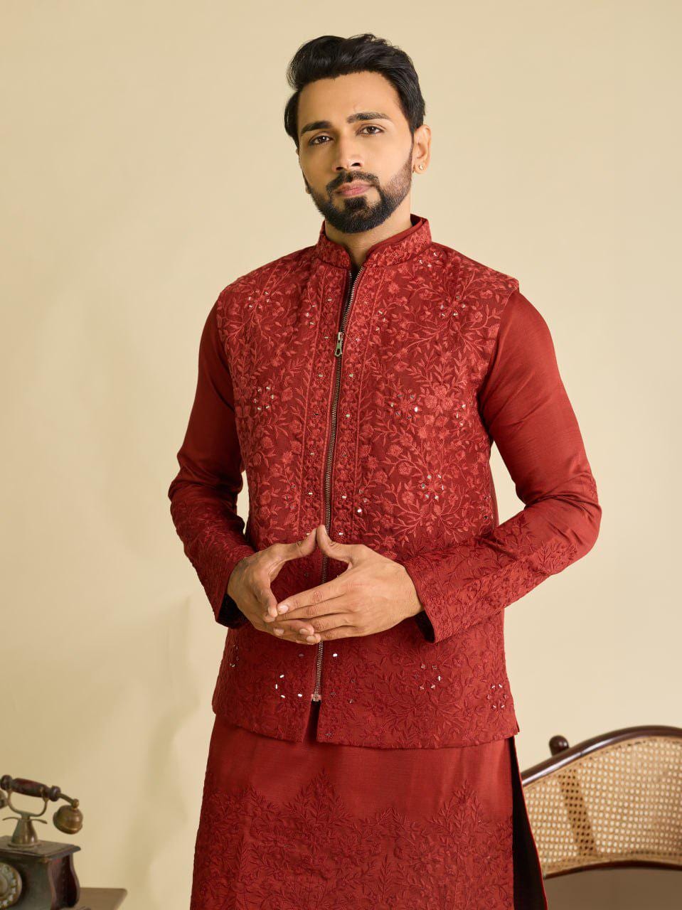 Art Silk Kurta Koti Set | Real Mirror Multi Thread Embroidery Wedding Outfit