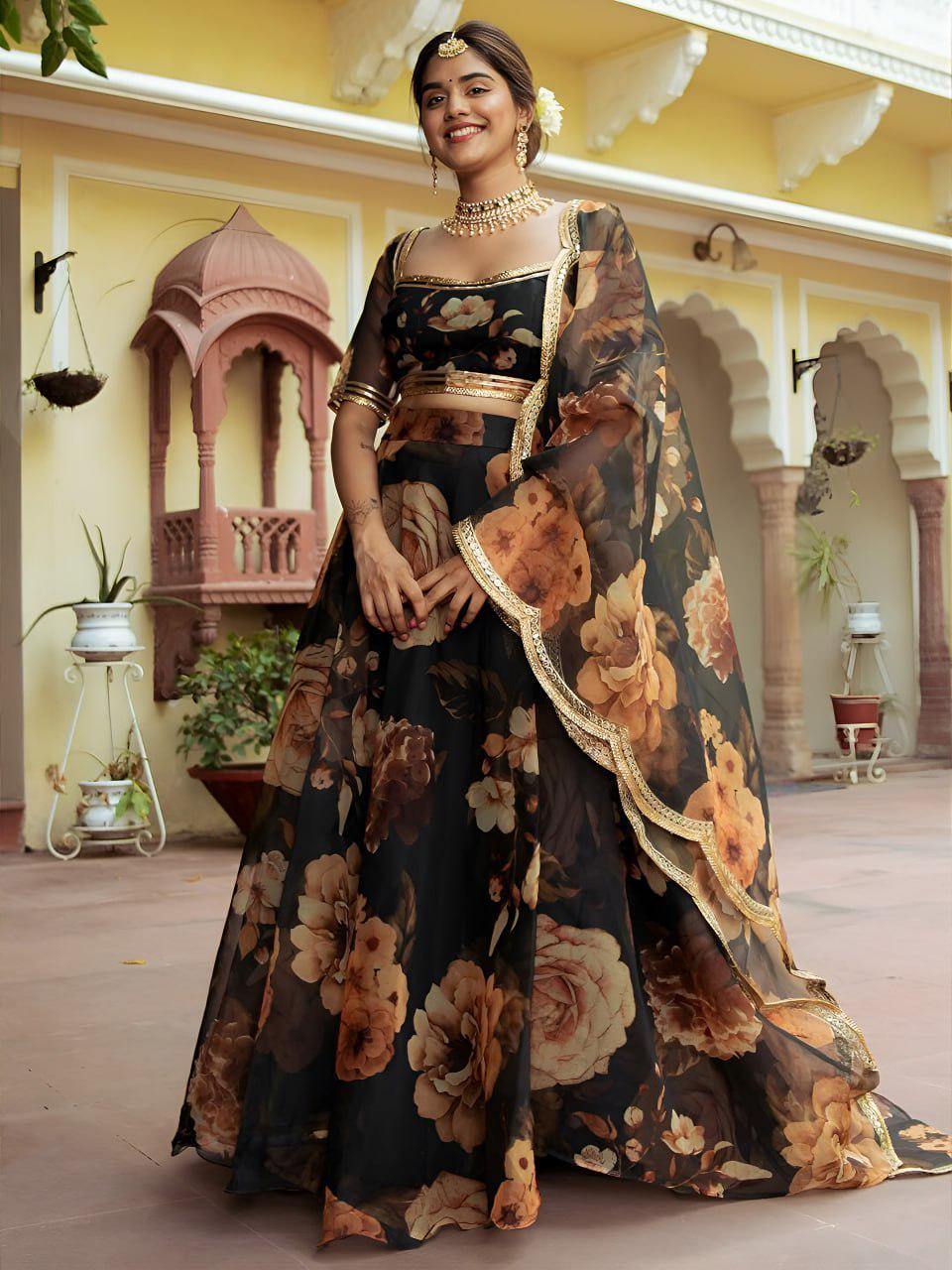 Black Floral Organza Lehenga Choli, Gota Patti Work, Semi-Stitched A-Line Set