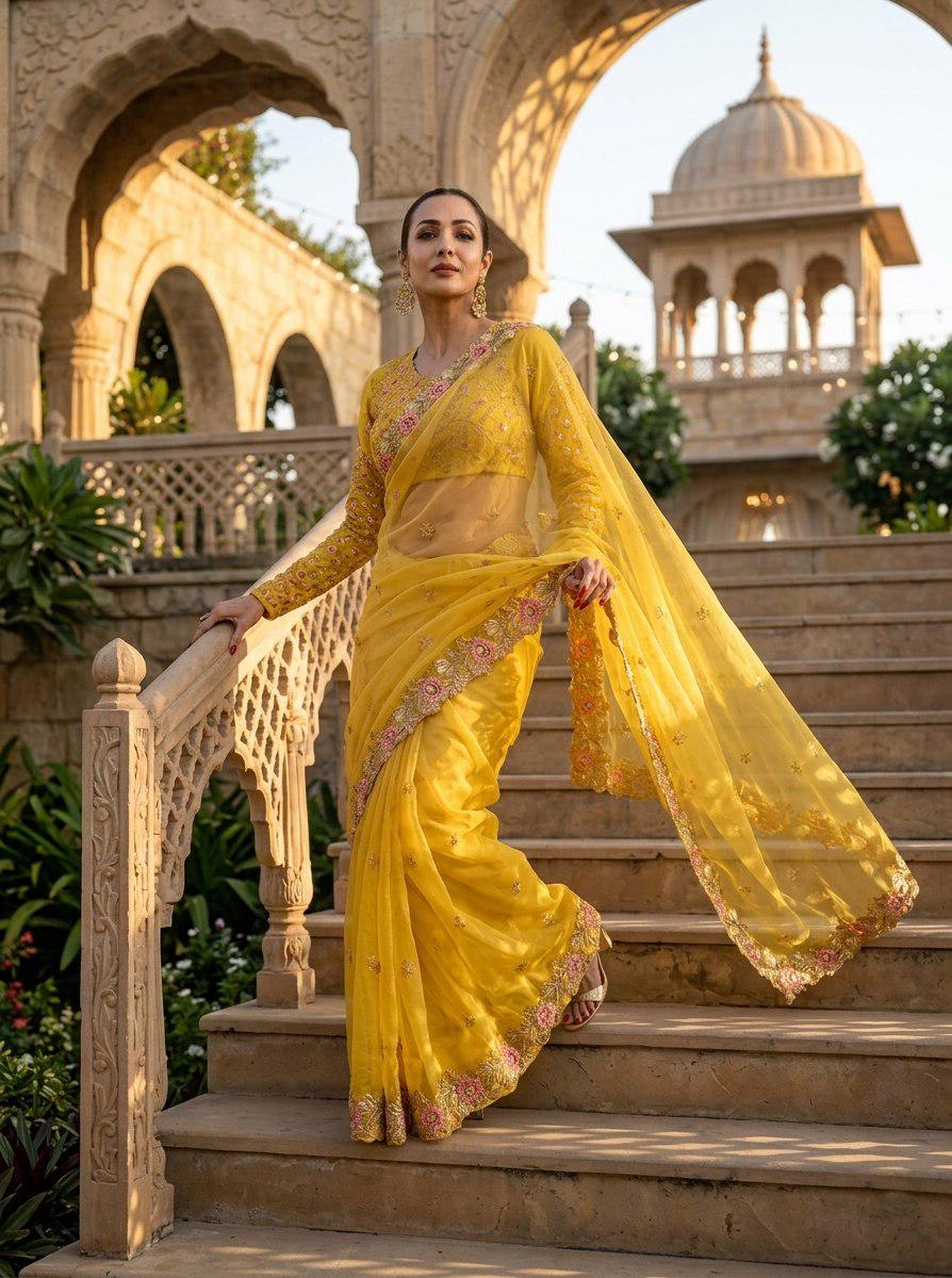 Yellow Chiffon Silk Saree, Heavy Embroidery, Cutwork Border, Festive Wedding Wear