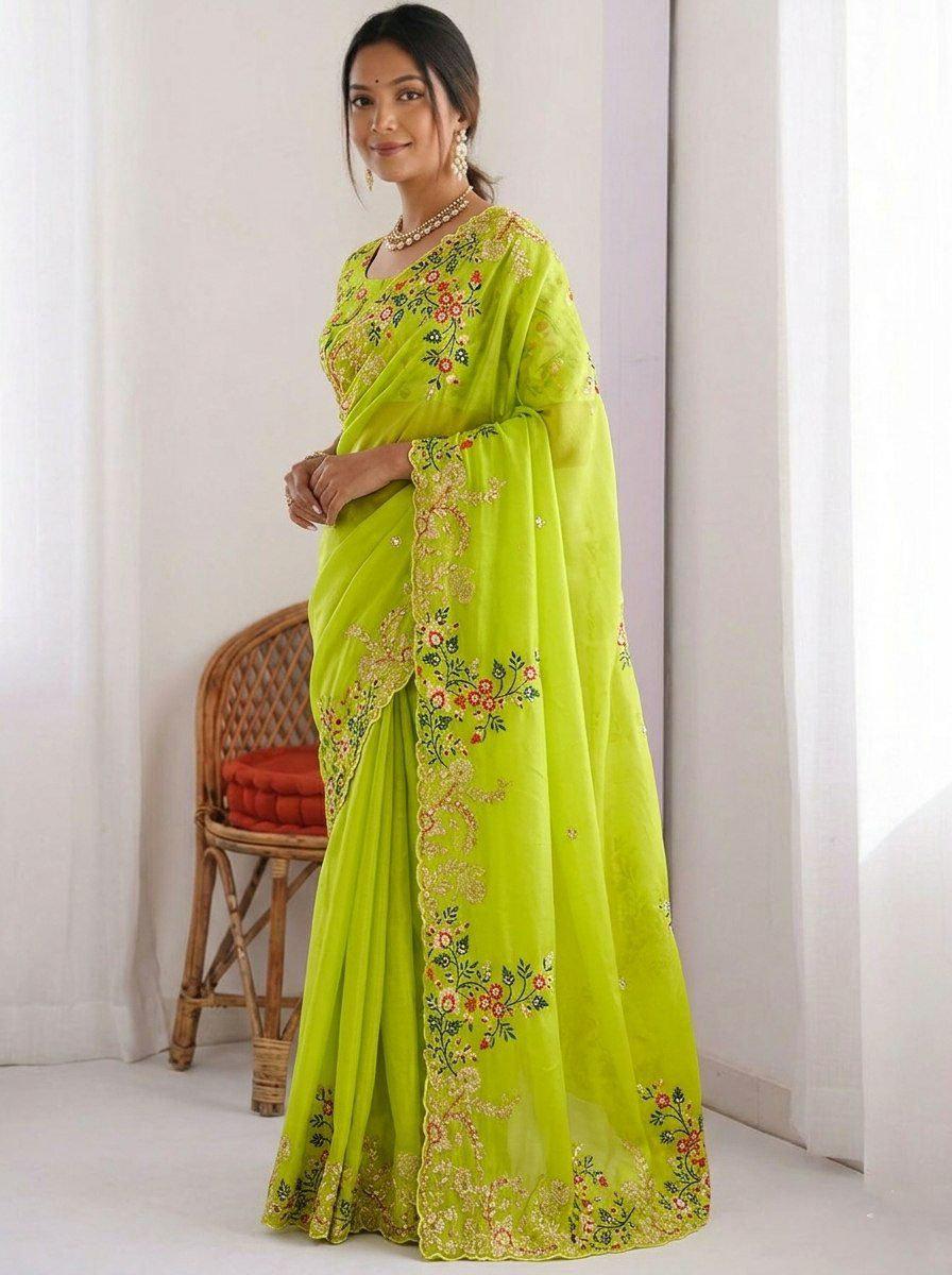 Paper Silk Saree with Embroidery Sequins, Cutwork Border | Designer Wedding Wear