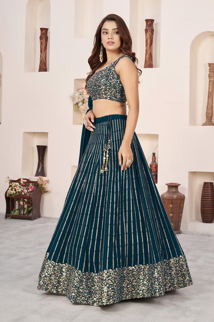 Bottle Green Georgette Lehenga Choli Set | Zari Sequins Embroidery, Festive Wear