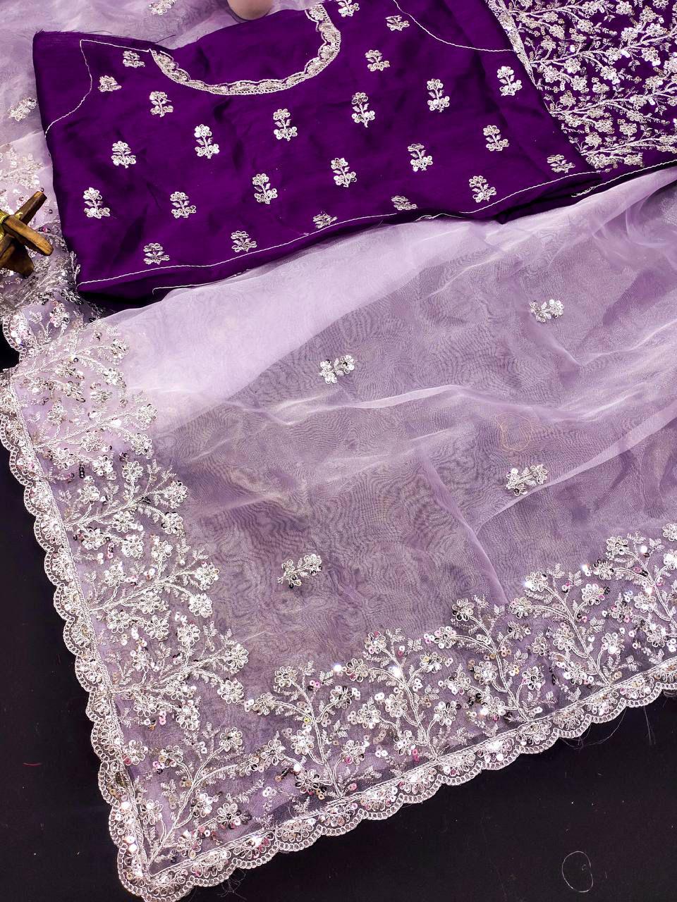Soft Organza Embroidered Saree | Cutwork Border, Mono Banglory Silk Blouse, Festive Wear