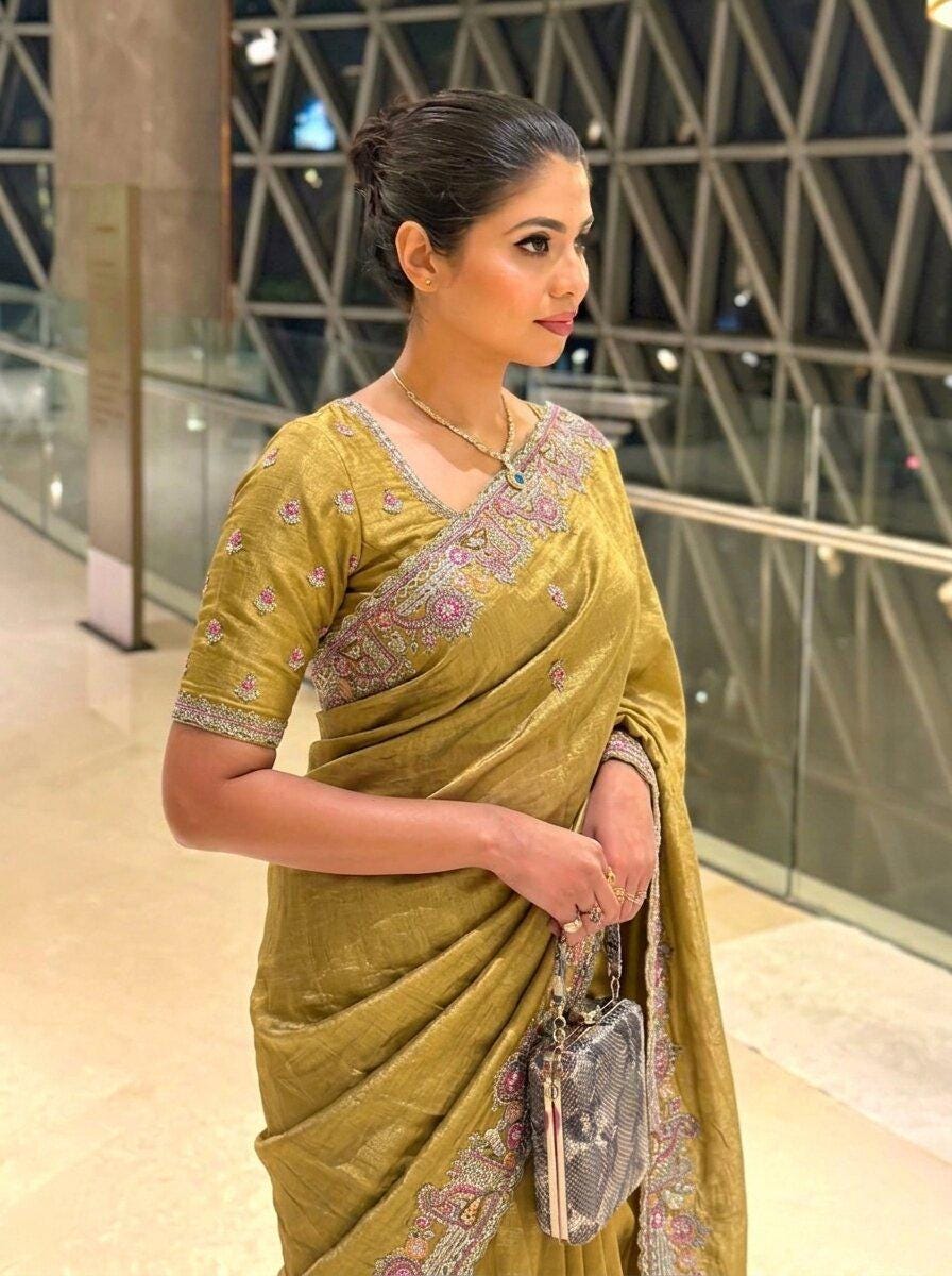 Soft Tissue Chiffon Silk Saree with Zarkan Embroidery | Designer Wedding Party Wear Blouse