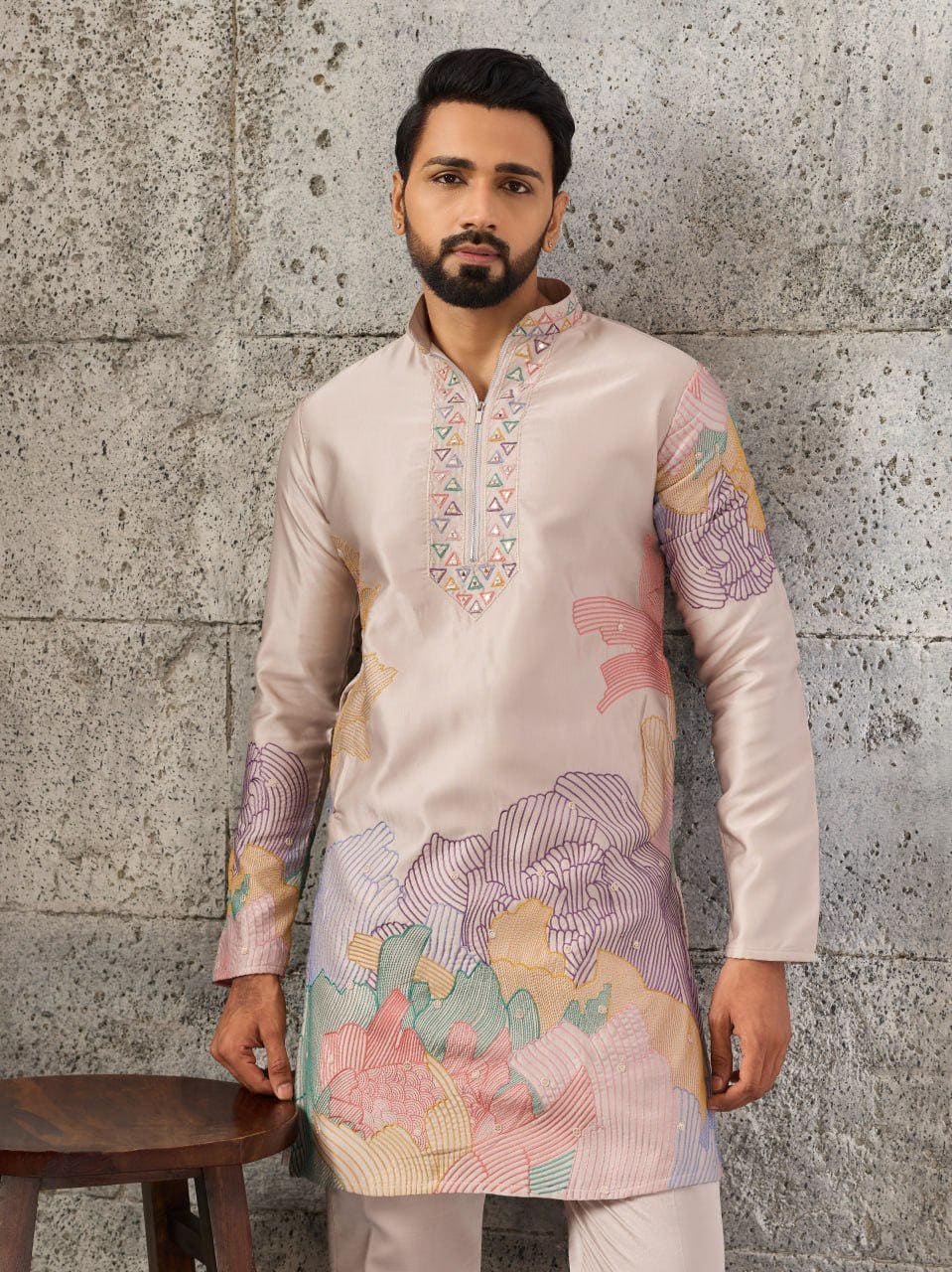 Men's Silk Kurta Pant Set | Thread Sequin Embroidery, Festive Wedding Outfit