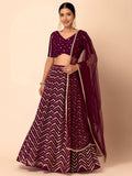 Maroon Georgette Lehenga Choli Set | Sequin Embroidered Semi-Stitched Wedding Party Wear (Dupatta Included)
