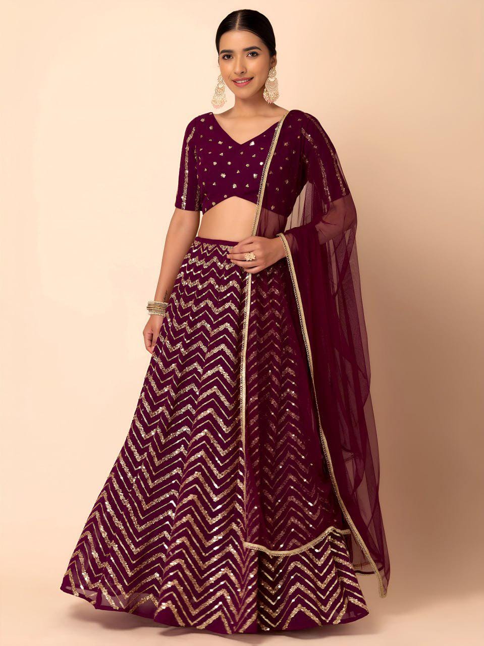 Maroon Georgette Lehenga Choli Set | Sequin Embroidered Semi-Stitched Wedding Party Wear (Dupatta Included)