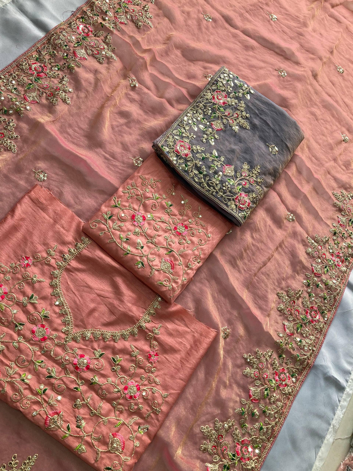 Moss Chiffon Embroidered Saree, Cutwork Border, Banglory Silk Blouse, Festive Wear