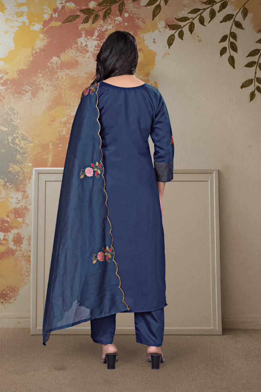 Embroidered Chanderi Silk Kurta Pant Set with Dupatta, Indian Ethnic Festive Wear