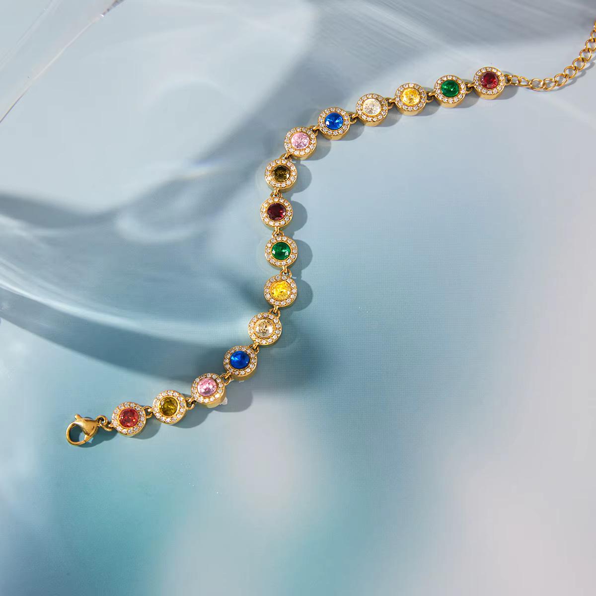 Rainbow Crystal Tennis Bracelet, Gold Stainless Steel, Waterproof Jewelry