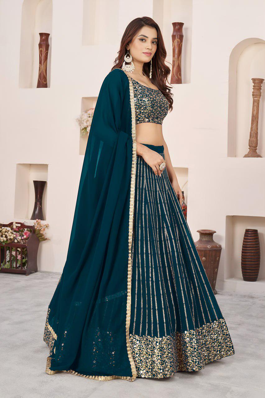 Bottle Green Georgette Lehenga Choli Set | Zari Sequins Embroidery, Festive Wear