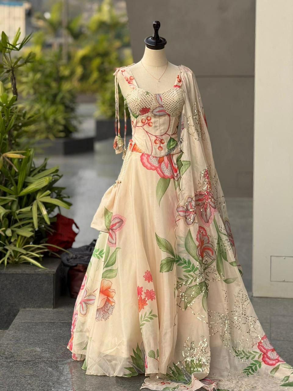 Jimmy Organza Lehenga Choli Set, Digital Print, Corset Blouse, 8 Meter Flair, Wedding Bag