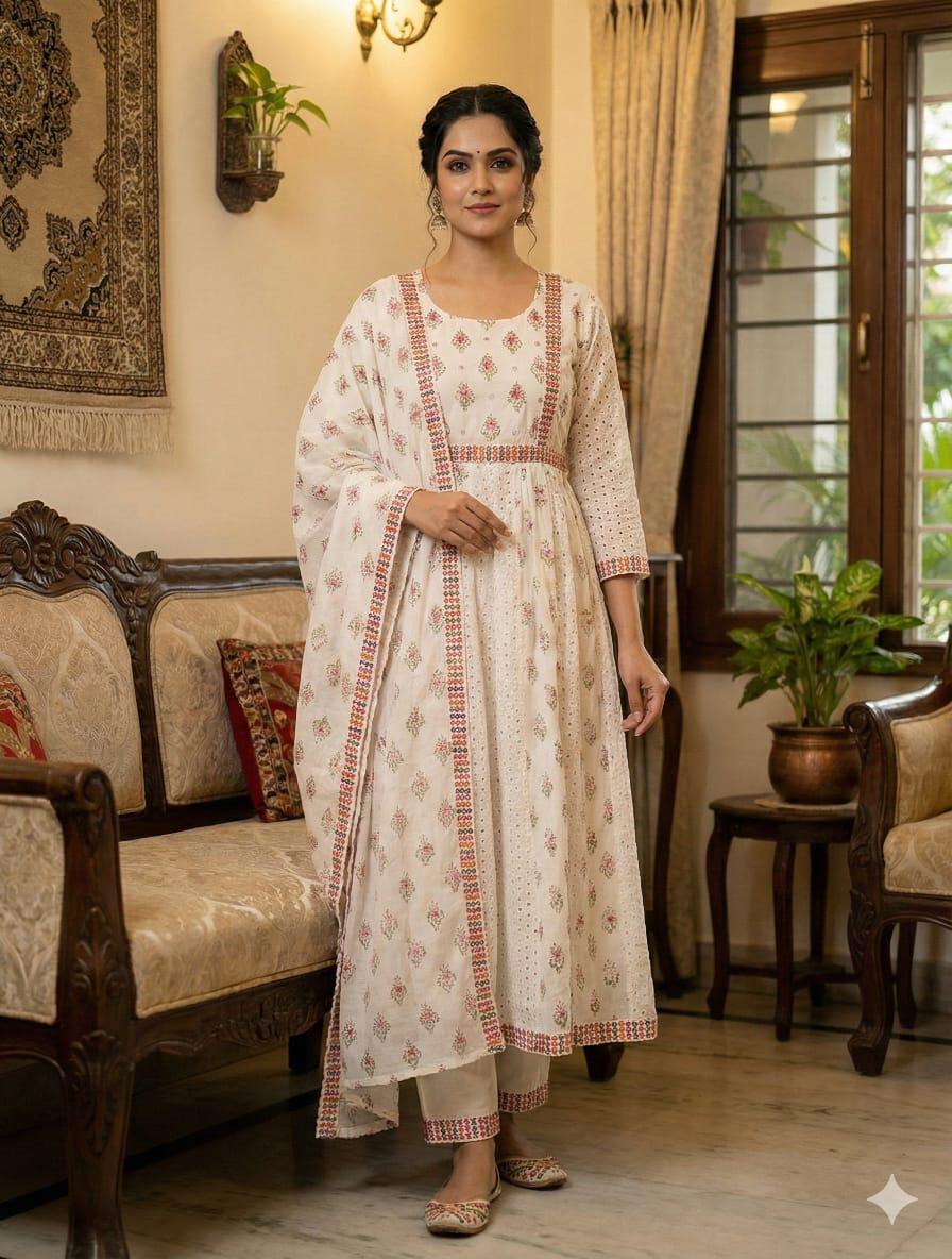 Cotton Chikankari Anarkali Kurti Set with Mirror Work, Lace Pant Dupatta