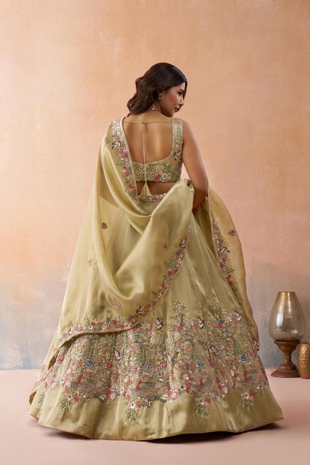 Beige Tissue Lehenga Choli, Heavy Sequins Zarkan Embroidery, Bridal Wedding Festive Set