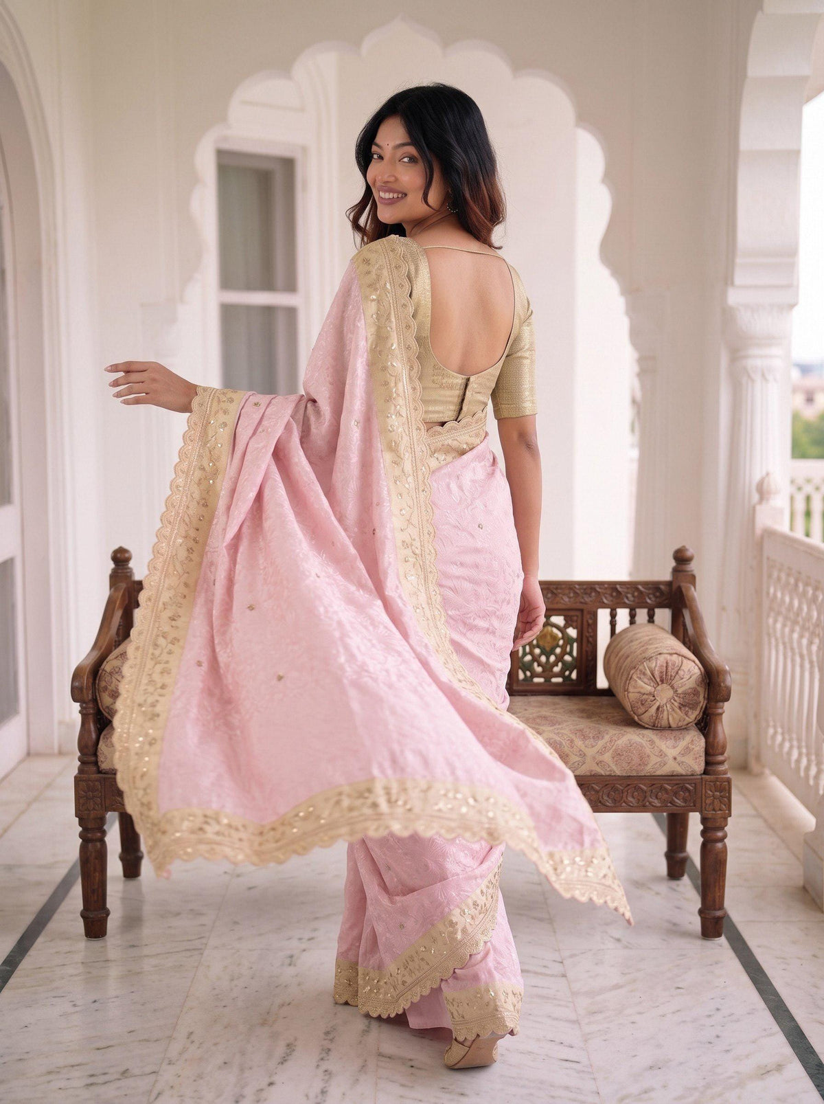 Pure Kanjivaram Silk Saree | Gold Zari Border, Embroidered Wedding Saree, Unstitched Blouse