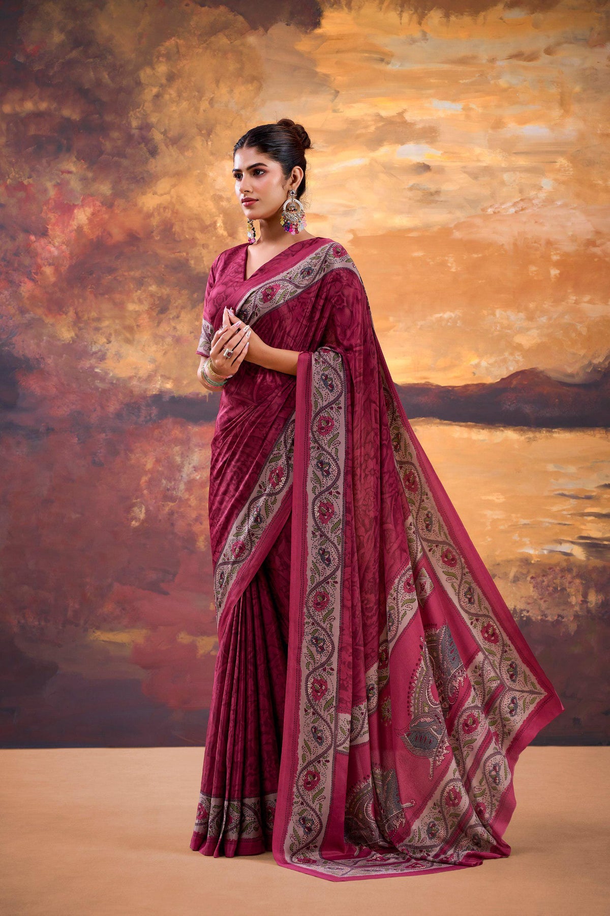 Crepe Printed Saree with Unstitched Blouse, Lightweight Festive Party Wear