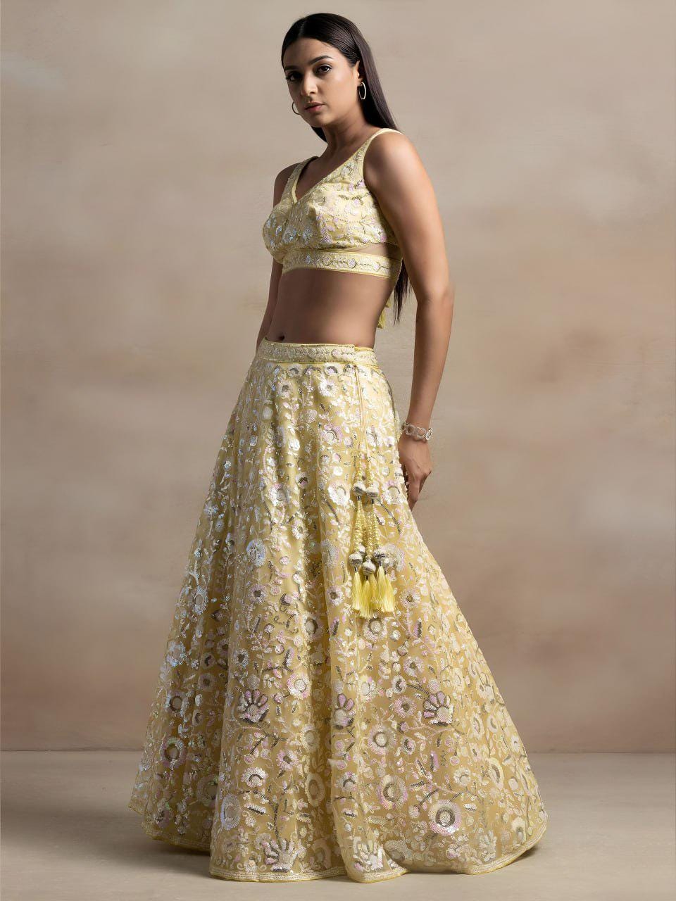 Pastel Yellow Soft Net Lehenga Choli | Floral Thread Sequins Embroidery (Semi-Stitched)
