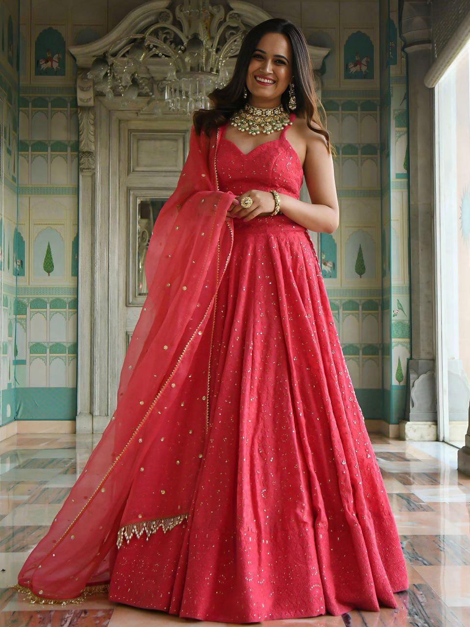 Coral Pink Georgette Lehenga Choli Set | Thread Sequins Embroidered Dupatta