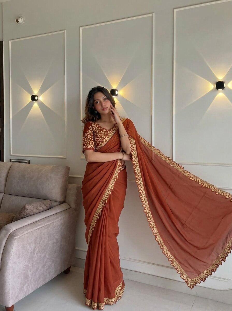 Rangoli Silk Saree | Lace Cutwork Border, Embroidered Blouse, Wedding Party Wear