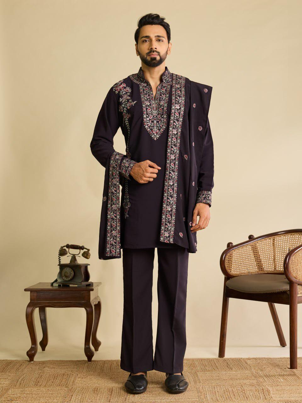 Embroidered Japanese Fabric Kurta Pant Set with Dupatta | Festive Ethnic Wear