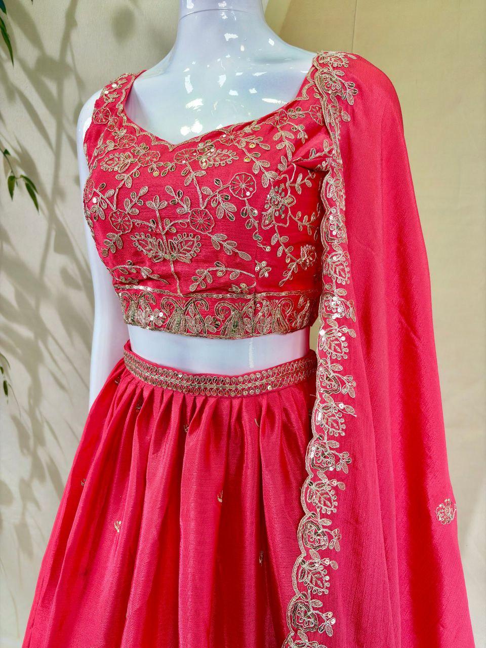 Chinon Lehenga Choli Set, Zari Dori Sequins Embroidery, Semi Stitched Bridal Wear