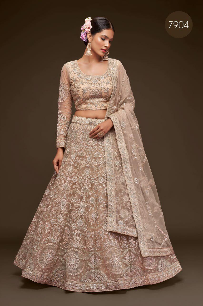 Champagne Beige Net Lehenga Choli, Zari Glitter Dori Embroidery, Semi-Stitched Wedding Set