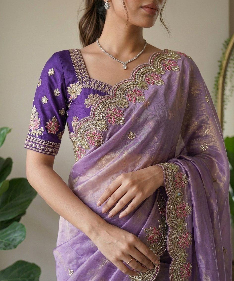 Fendy Satin Silk Saree | Embroidered Butti, Cutwork Border, Designer Wedding Wear