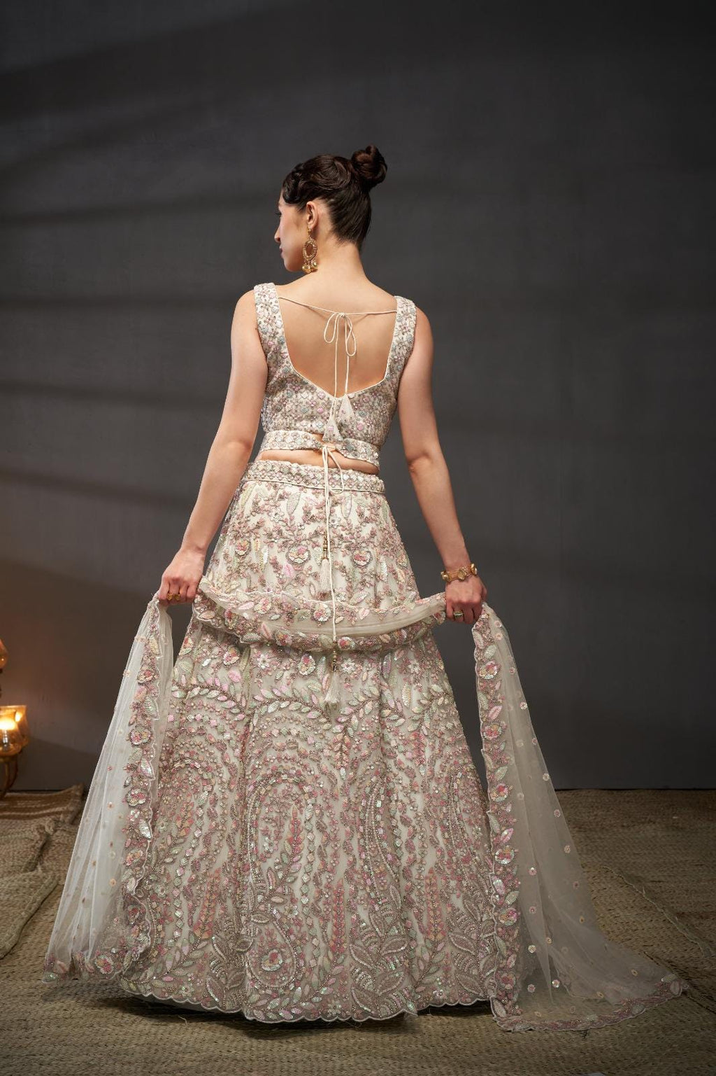 Cream Net Lehenga Choli Set | Multicolor Sequins Zarkan Embroidery, Bridal Wear