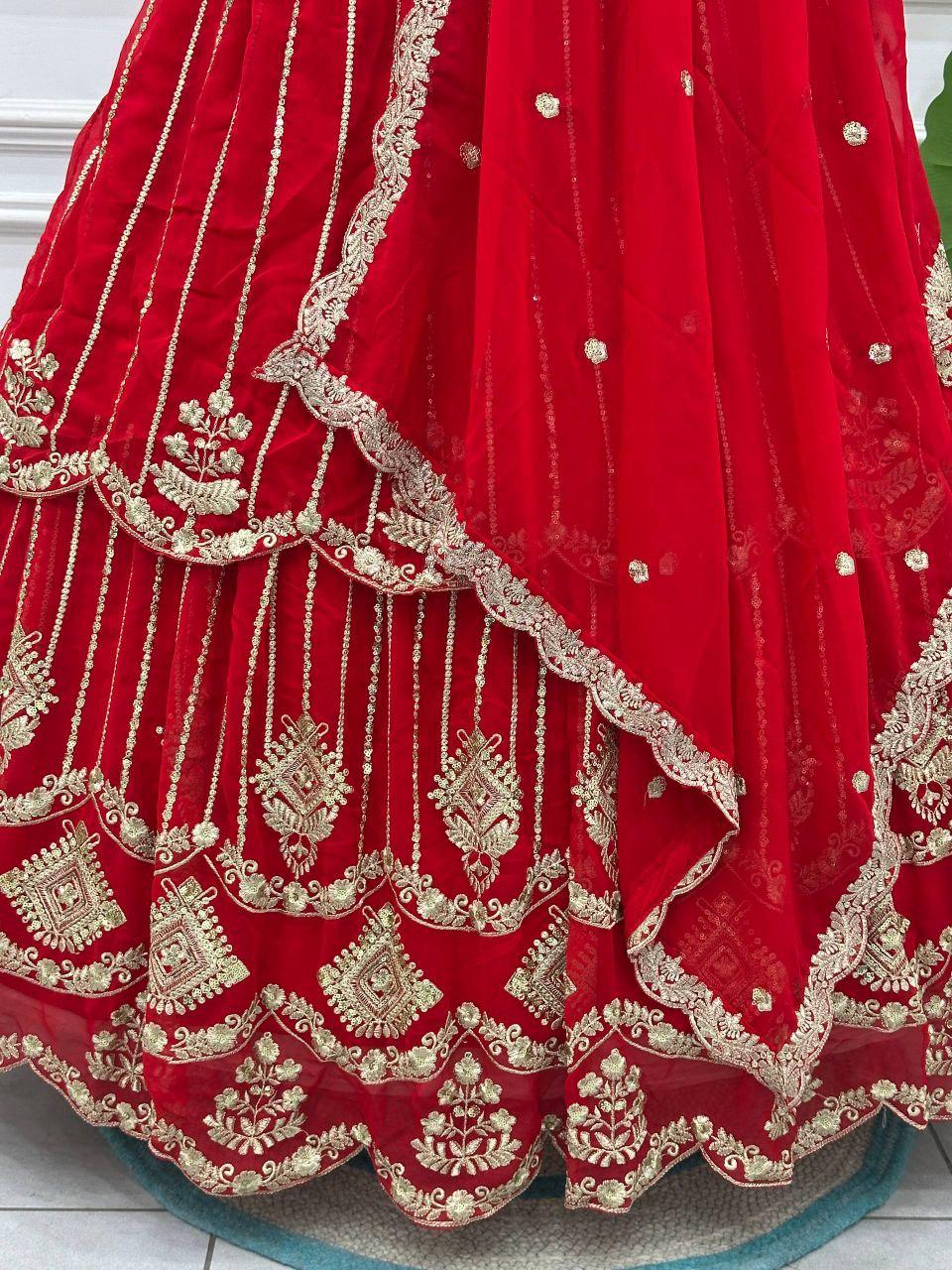 Red Faux Georgette Lehenga Choli | Sequins Zari Embroidery Bridal Set