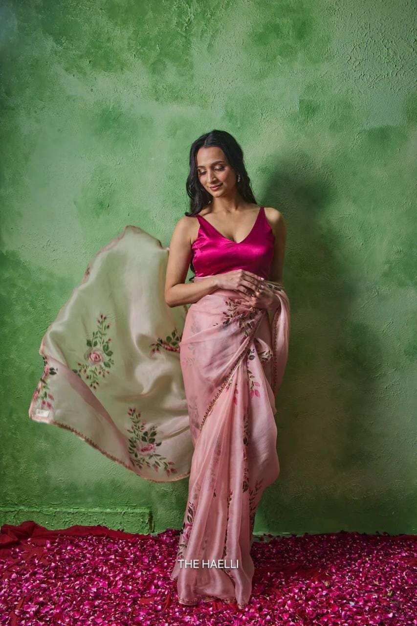 Soft Tabby Floral Sparrow Print Lehenga Choli | Handwork Cutdana Indian Wedding Festive Wear