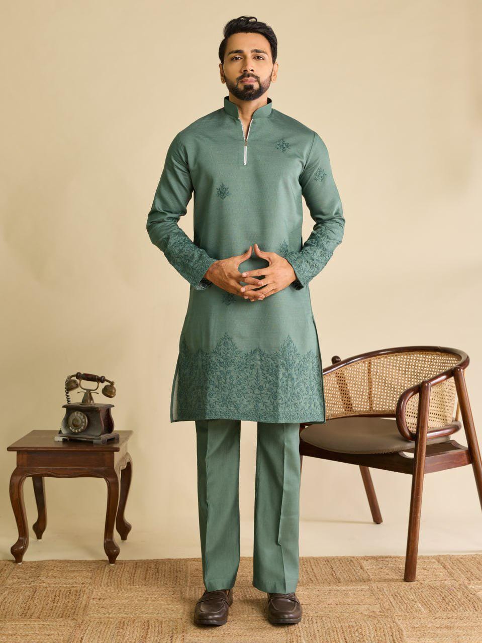 Art Silk Kurta Koti Set | Real Mirror Multi Thread Embroidery Wedding Outfit