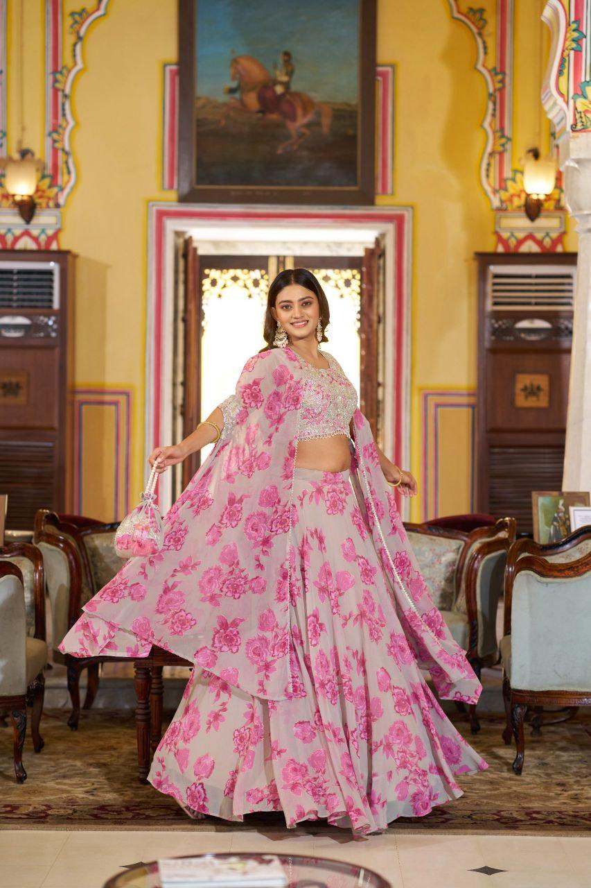 Embroidered Georgette Lehenga Choli Set with Cape Dupatta & Batwa Bag