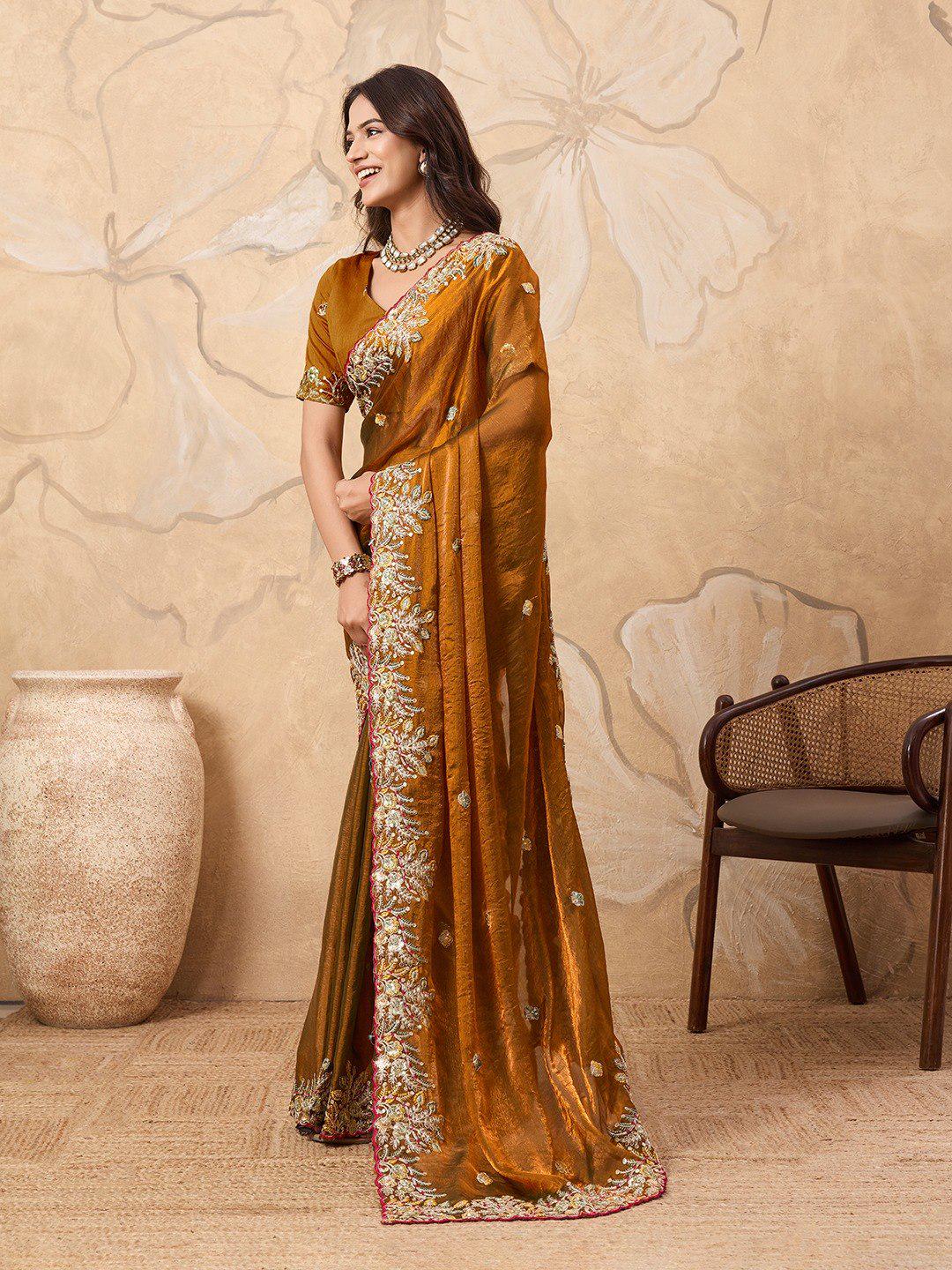 Soft Fendy Chiffon Saree with Embroidered Cutwork Border | Designer Wedding Party Wear Blouse