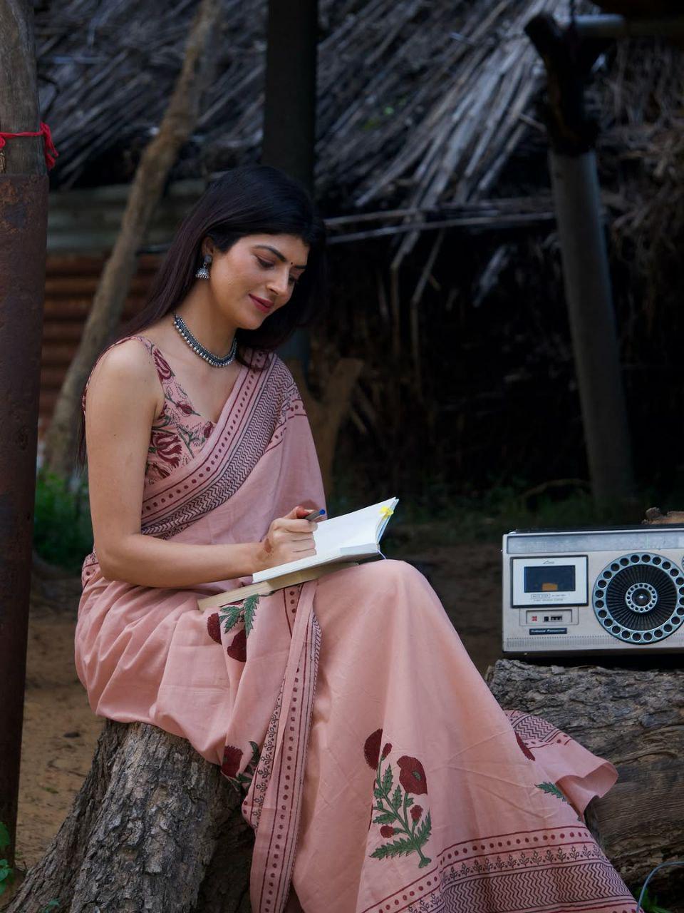 Dusty Rose Pink Floral Linen Cotton Saree