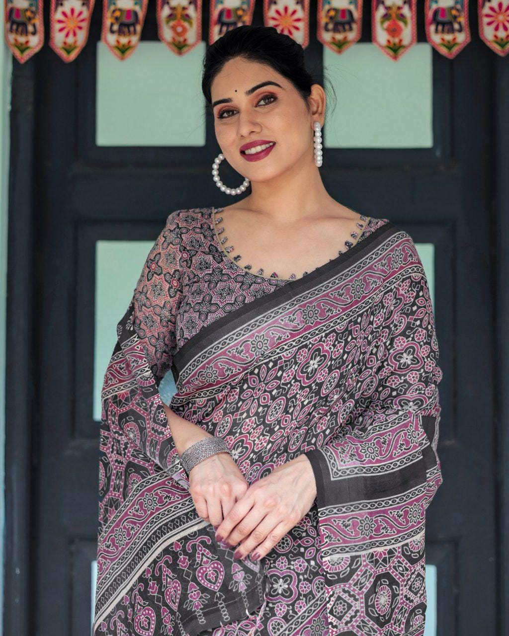 Black Ajrakh Inspired Linen Cotton Saree