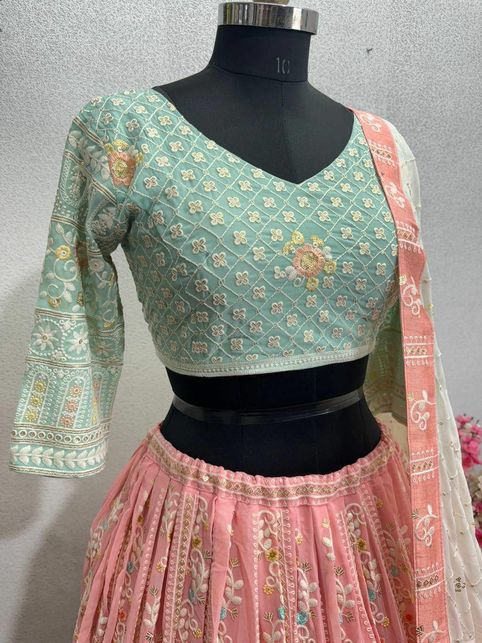 Embroidered Faux Georgette Lehenga Choli Set with Dupatta, Bridal Wedding Wear