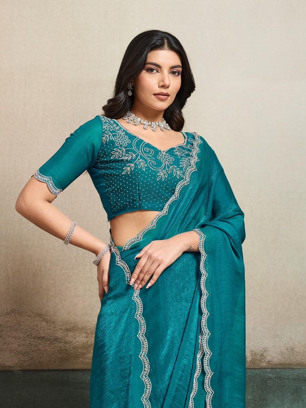 Fendy Chiffon Blooming Saree with Jacquard Work, Designer Blouse, Festive Wear