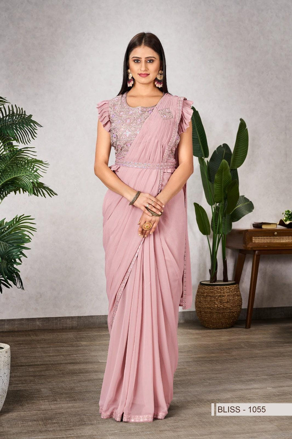 Ready-to-Wear Shimmer Georgette Saree with Embroidered Sequin Blouse, Festive Wear