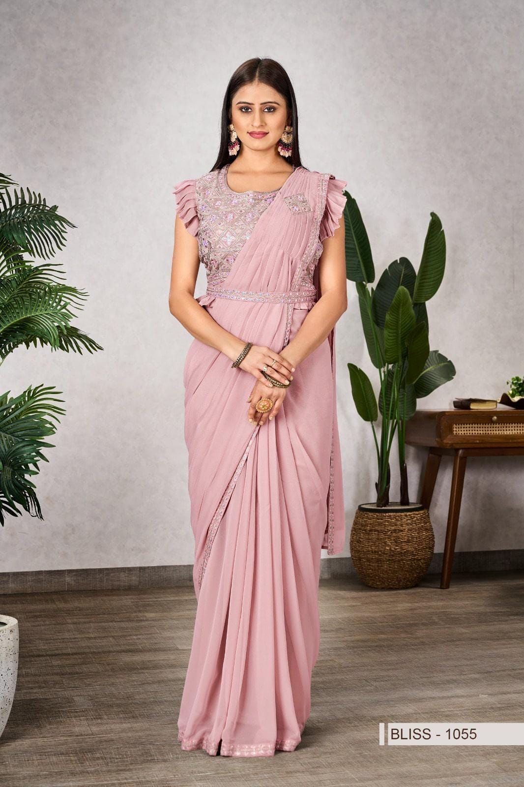 Ready-to-Wear Shimmer Georgette Saree with Embroidered Sequin Blouse, Festive Wear