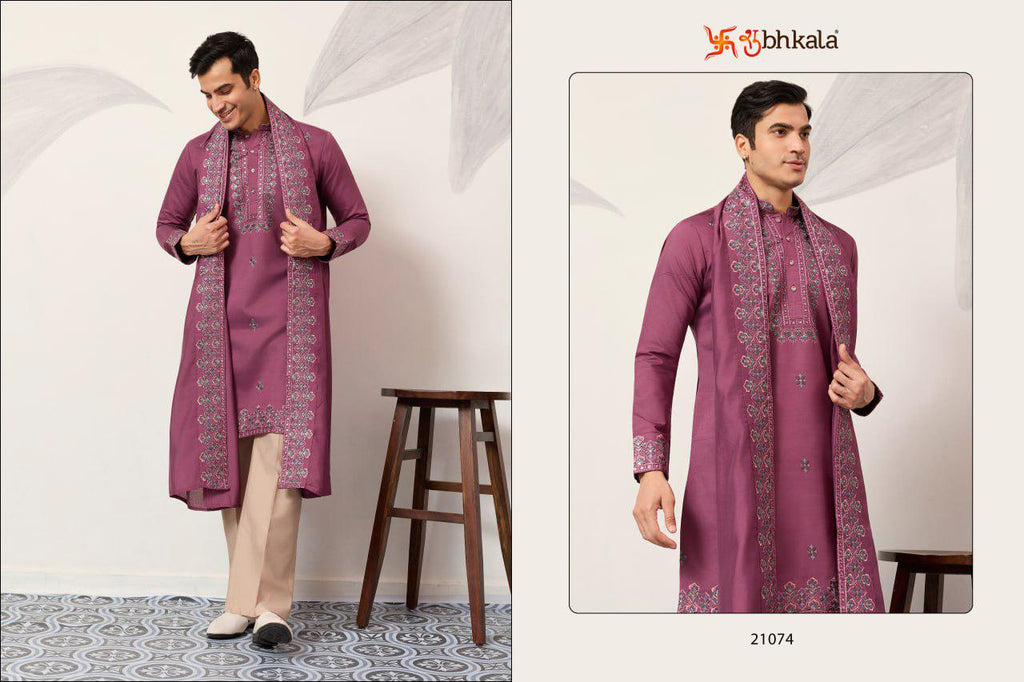 Men's Viscose Silk Kurta Set with Dupatta and Pant, Festive Ethnic Wear