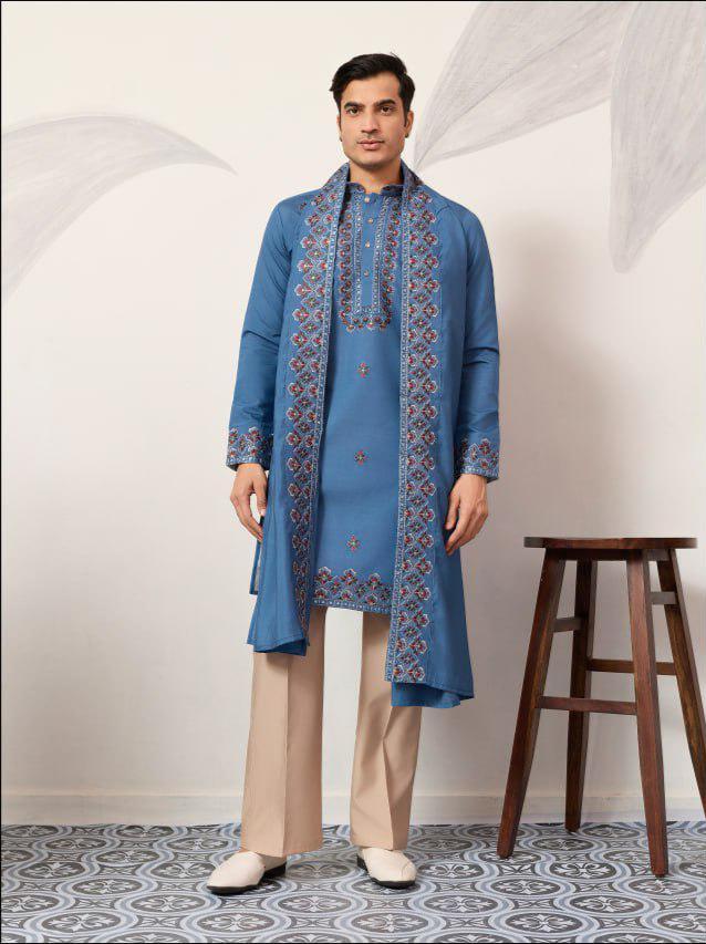 Men's Viscose Silk Kurta Set with Dupatta and Pant, Festive Ethnic Wear