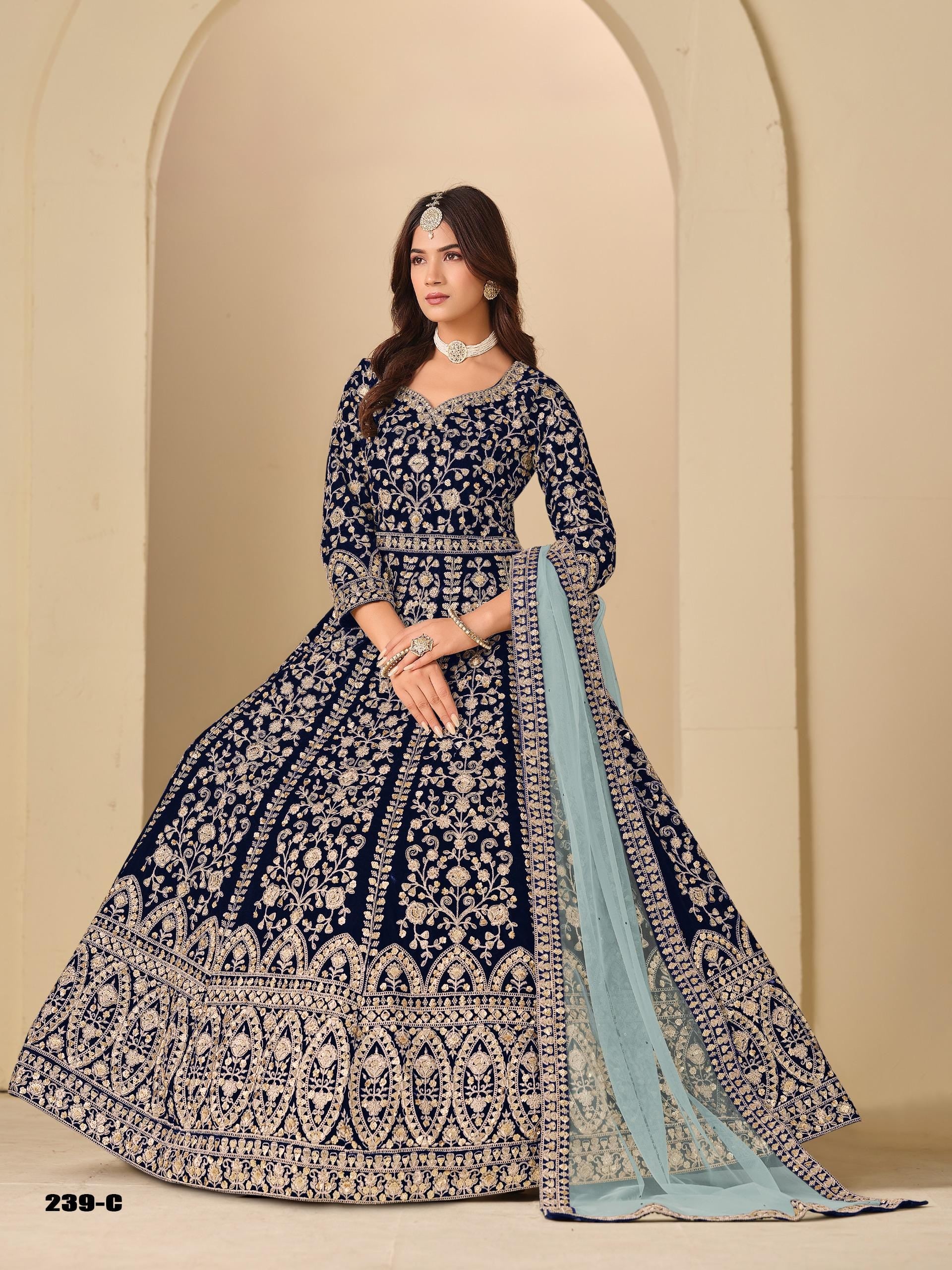 Velvet Embroidered Lehenga Set Net Dupatta, Heavy Work Outfit (Custom Stitch Up to 44)