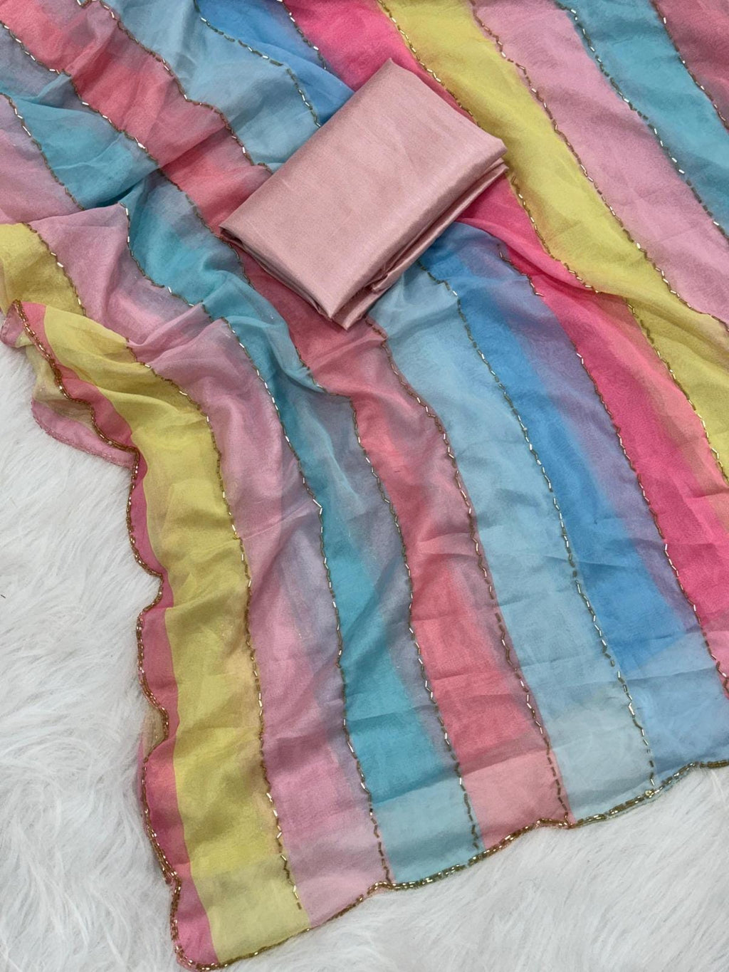 Soft Tabby Organza Saree, Multi Print, Beads Katdana Handwork Border, Jalpari Silk Blouse