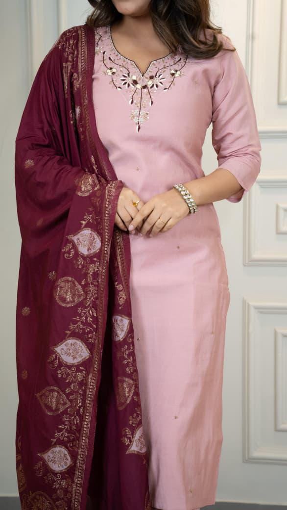 Light Pink Roman Silk Suit Set, Handwork Jacquard Dupatta, Festive Ethnic Wear
