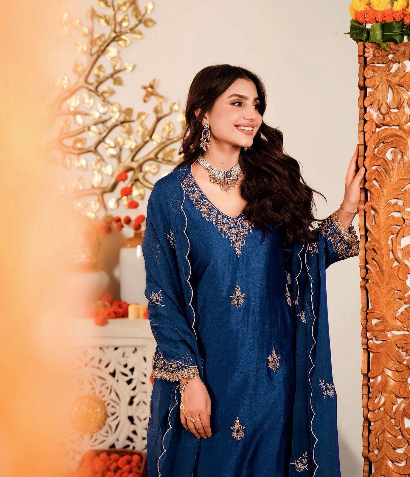 Vichitra Silk Embroidered Kurti Pant Set with Dupatta, Festive Ethnic Wear (M-3XL)