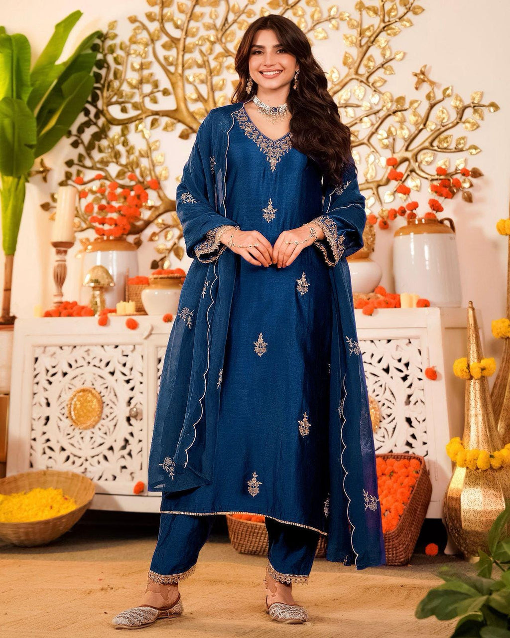 Vichitra Silk Embroidered Kurti Pant Set with Dupatta, Festive Ethnic Wear (M-3XL)
